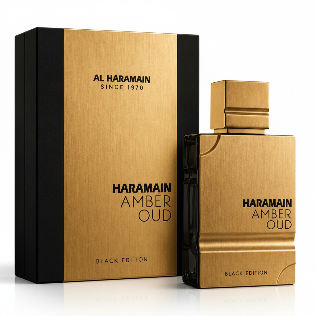 Al Haramain Amber Oud perfume bottle and packaging on a dark background