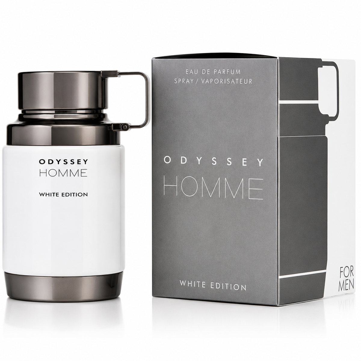 Odyssey Homme White Edition perfume bottle and packaging on a white background