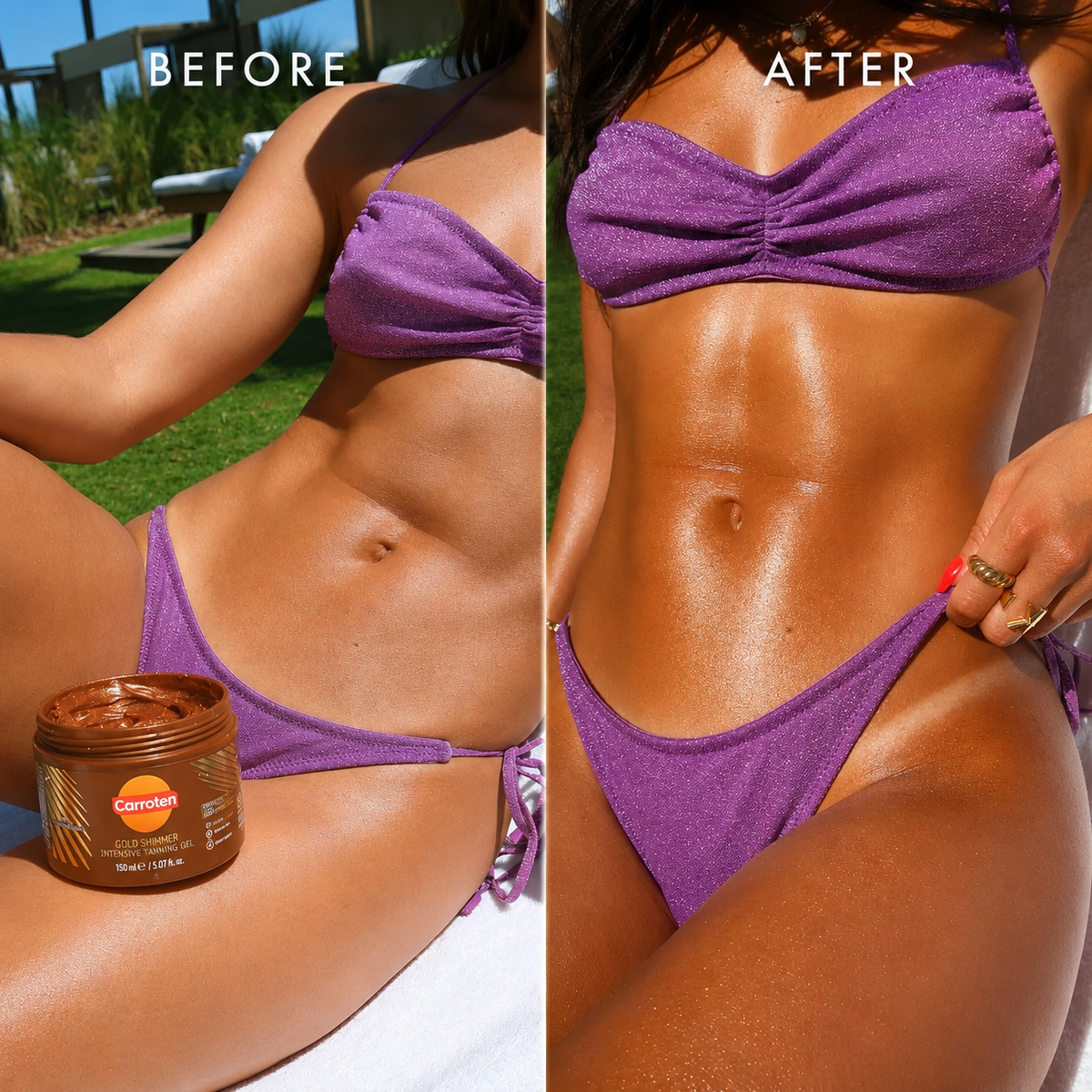 Before and after comparison of a person in a purple bikini with a jar of Caramell sunscreen.