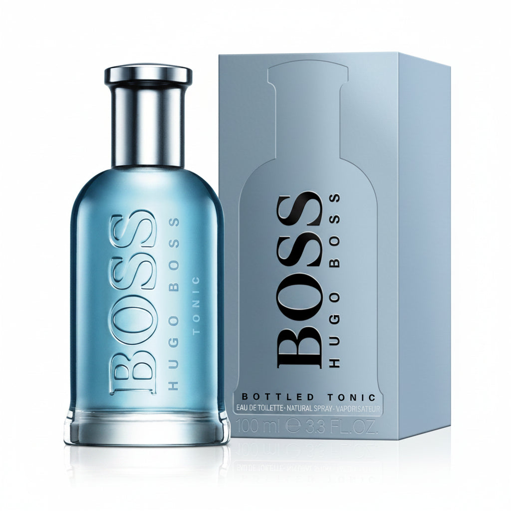 Hugo Boss Bottled Tonic perfume bottle and packaging on a white background