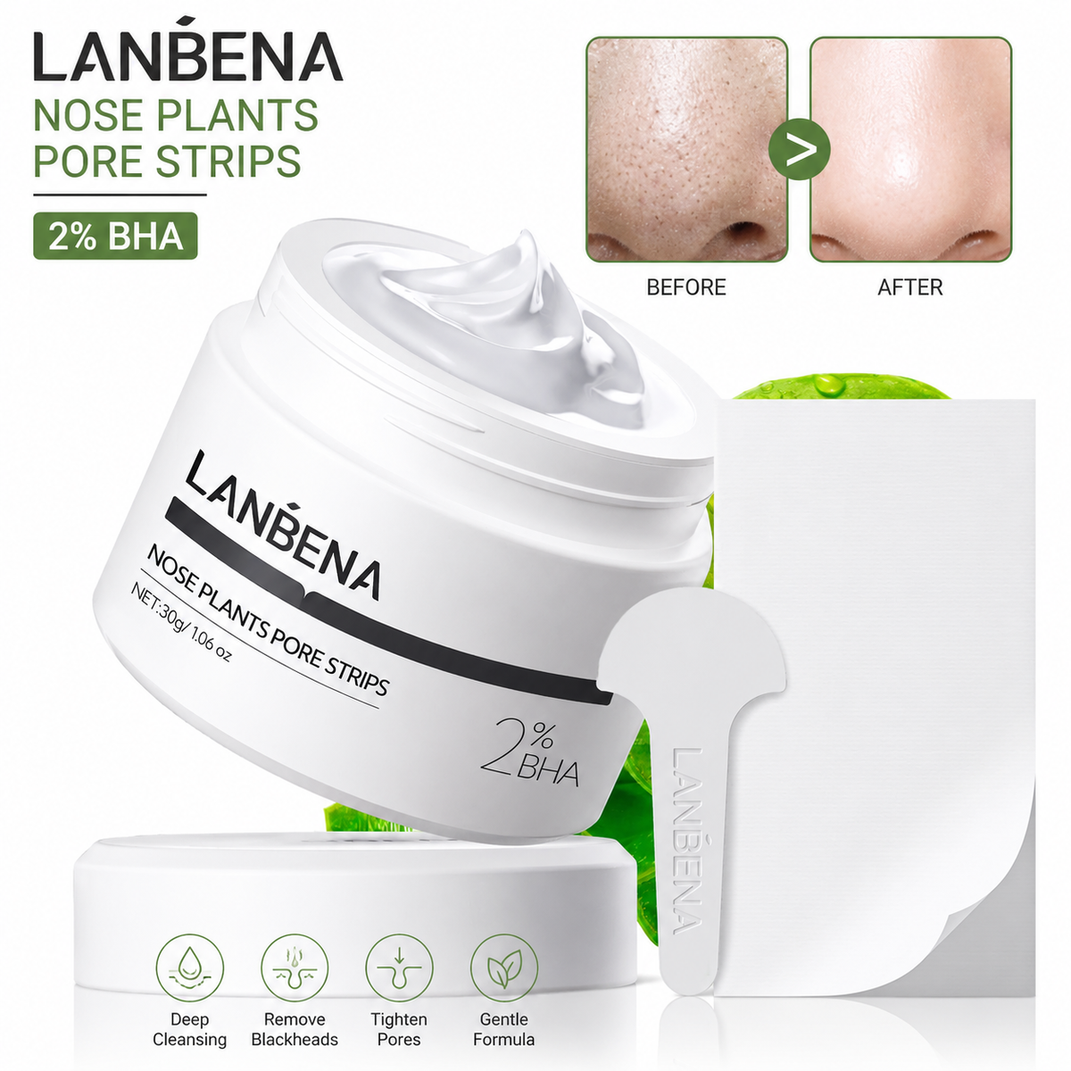 LANBENA nose plants pore strips packaging with before and after effect on skin.