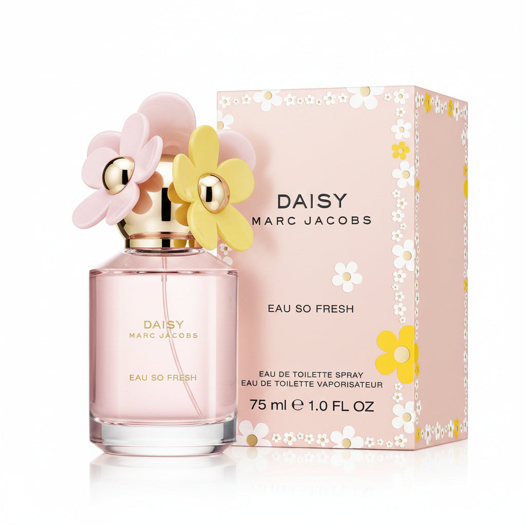 Marc Jacobs Daisy Eau So Fresh perfume bottle and packaging with floral design.