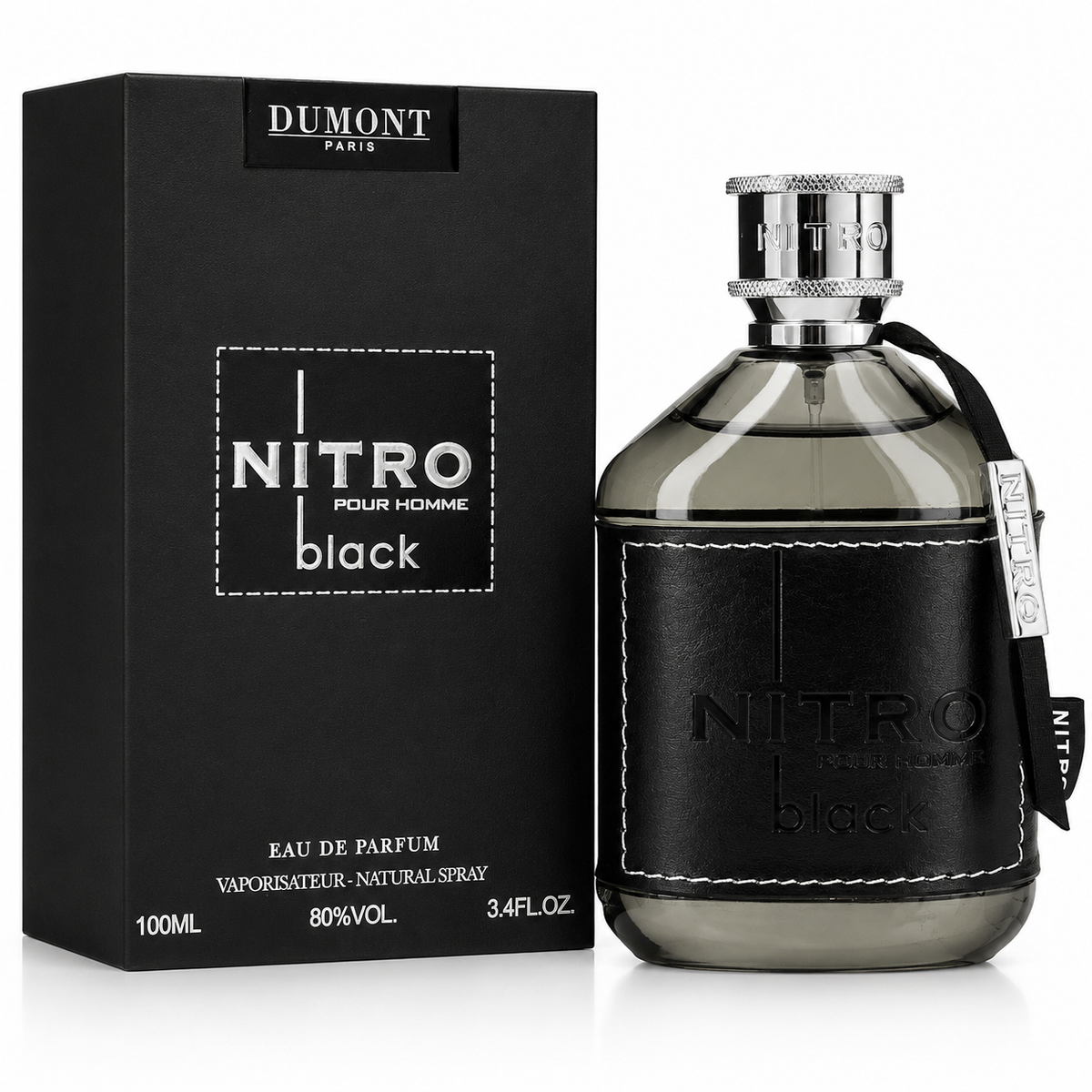 Dumont Nitro Black perfume bottle and packaging on a white background