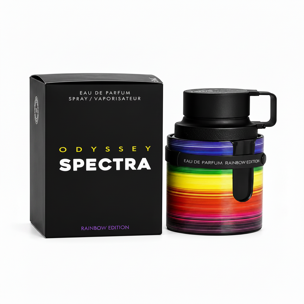 Odyssey Spectra Eau de Parfum Rainbow Edition with packaging on a white background
