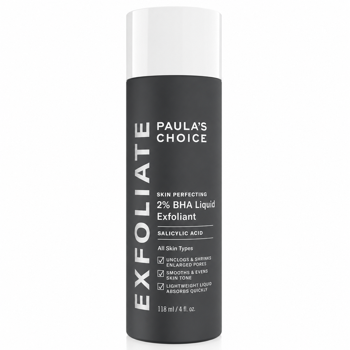 Bottle of Paula's Choice Exfoliate Skin Perfecting 2% BHA Liquid Exfoliant on a white background