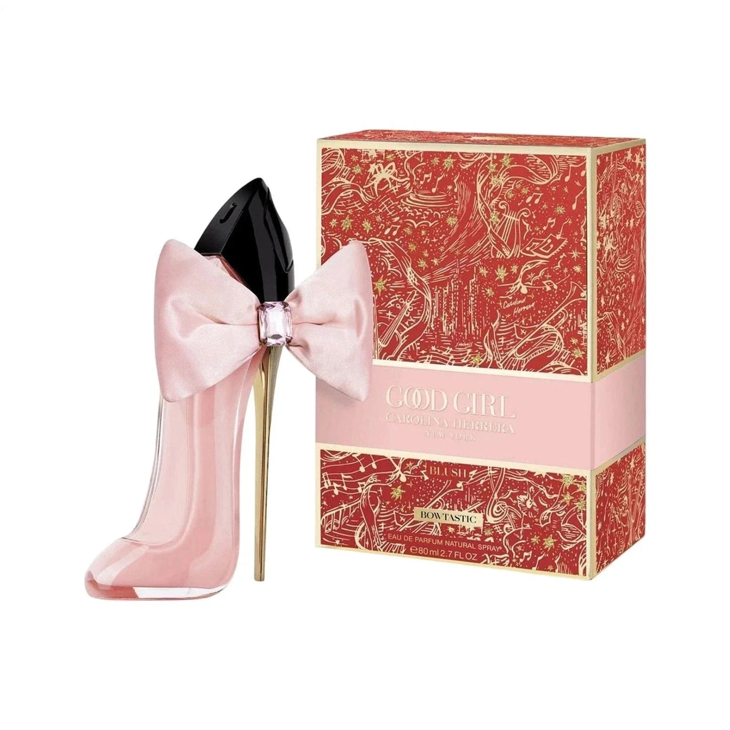 Pink high-heeled shoe with a bow next to a decorative perfume box on a white background