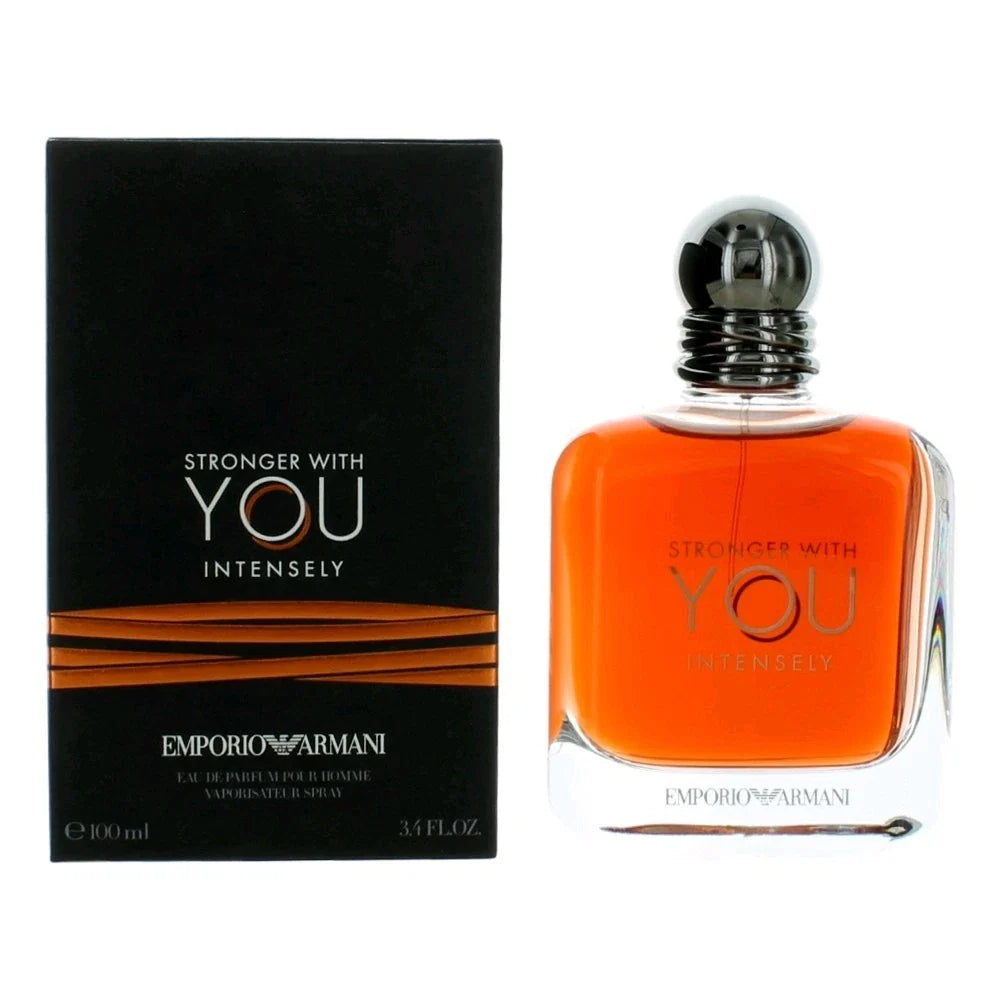 Emporio Armani perfume bottle and packaging with 'Stronger with You Intensely' text on a white background