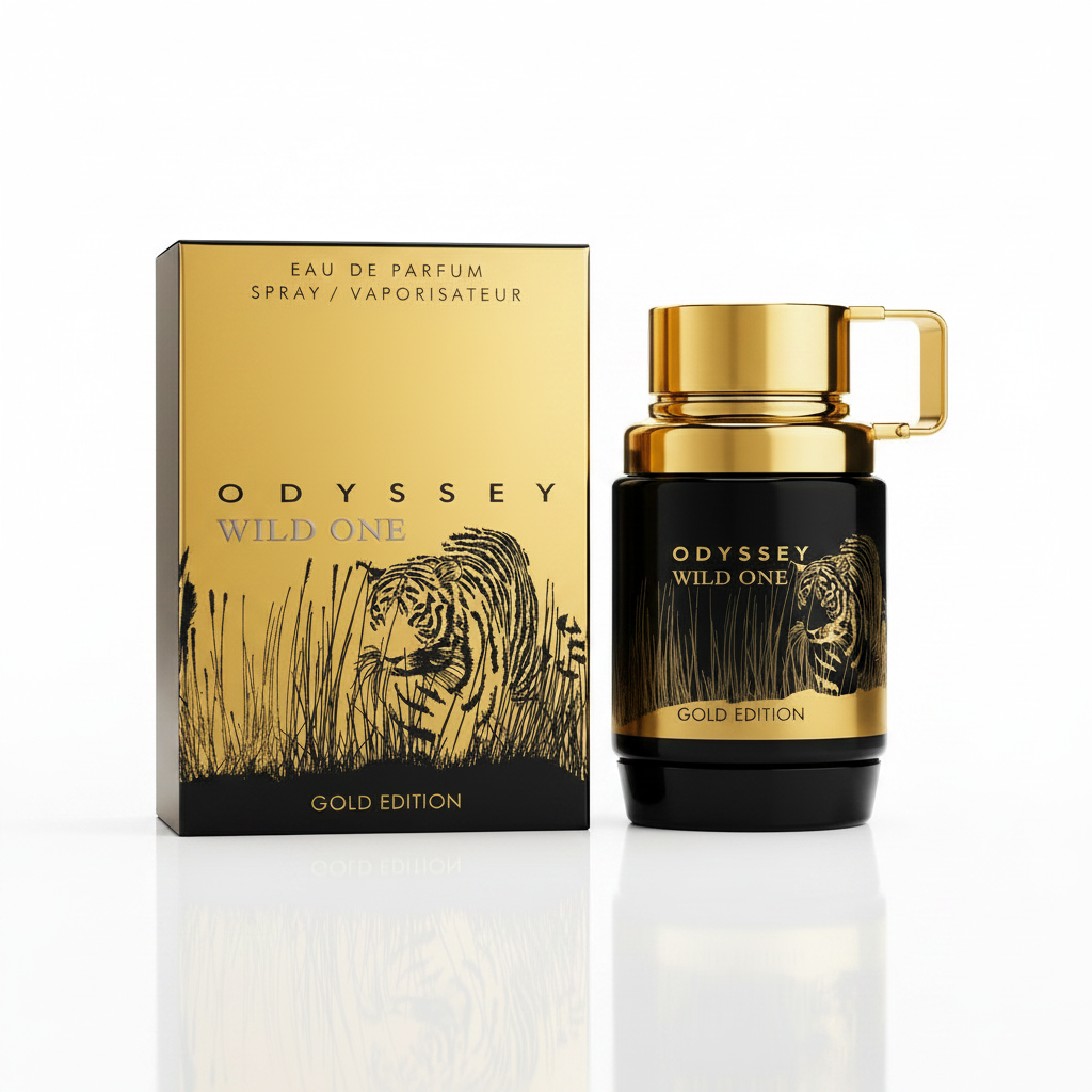 Odyssey Wild One Gold Edition perfume bottle and packaging on a reflective surface with a dark background
