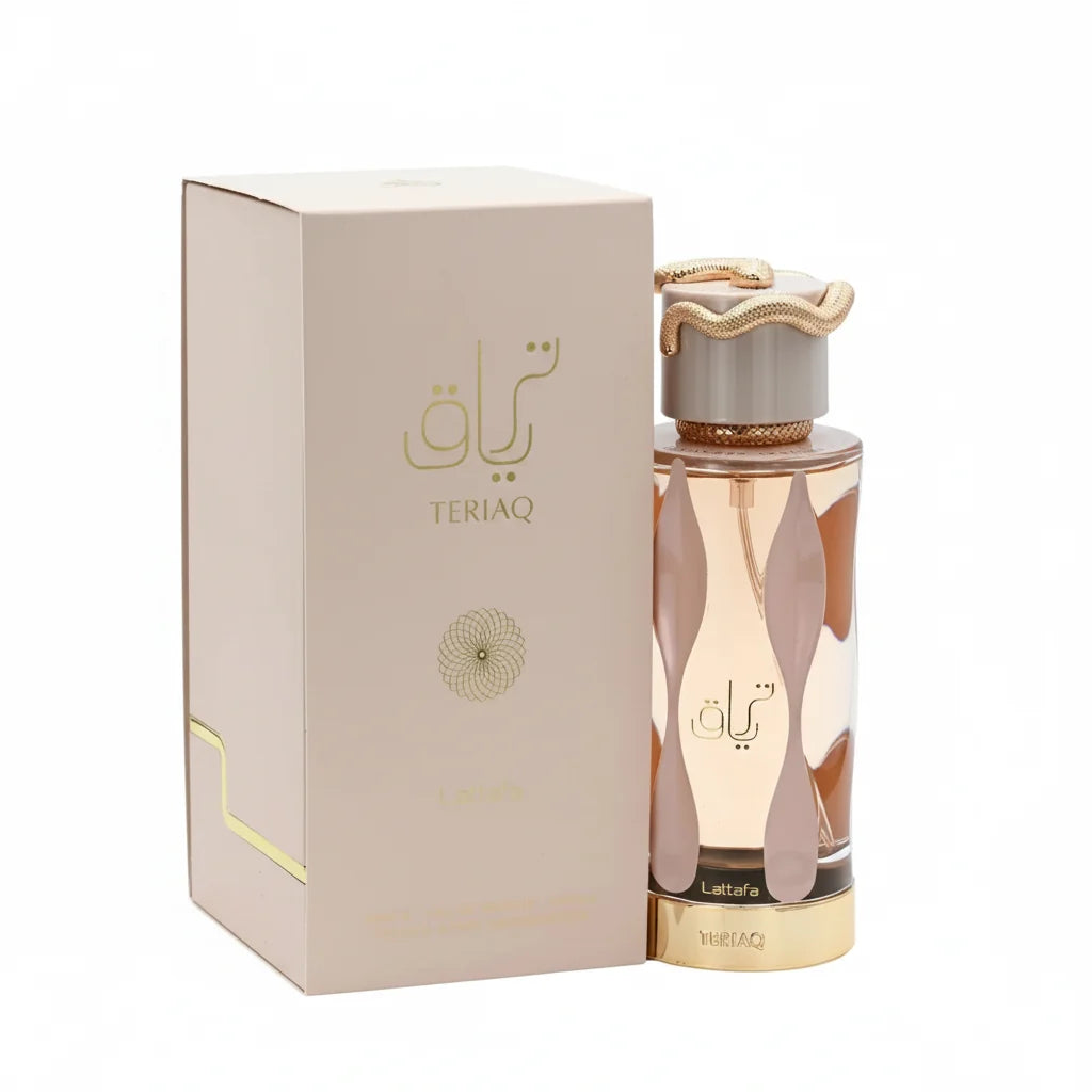 Perfume bottle and packaging with 'TERIAQ' branding on a white background