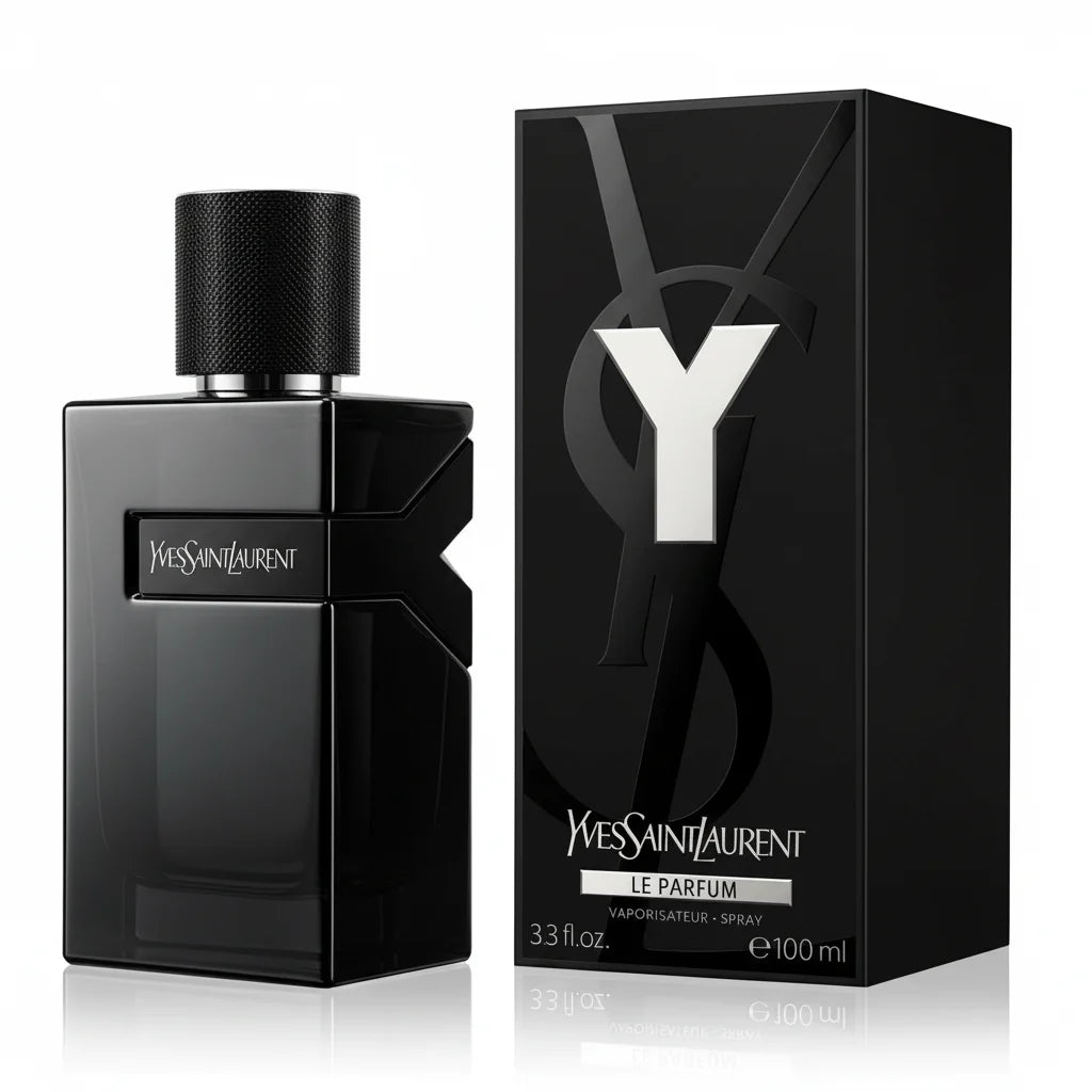 Black YSL perfume bottle and packaging on a white background