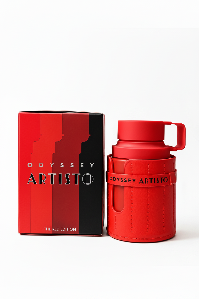 Red Odyssey Artisto mug and packaging on a gray background