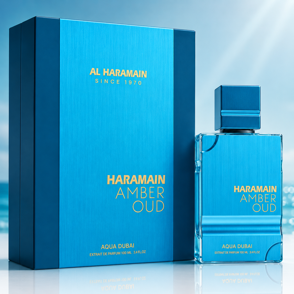 Al Haramain Amber Oud perfume bottle and packaging on a light blue background