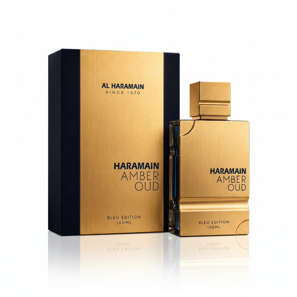Haramain Amber Oud perfume bottle and packaging on a reflective surface with a blurred background