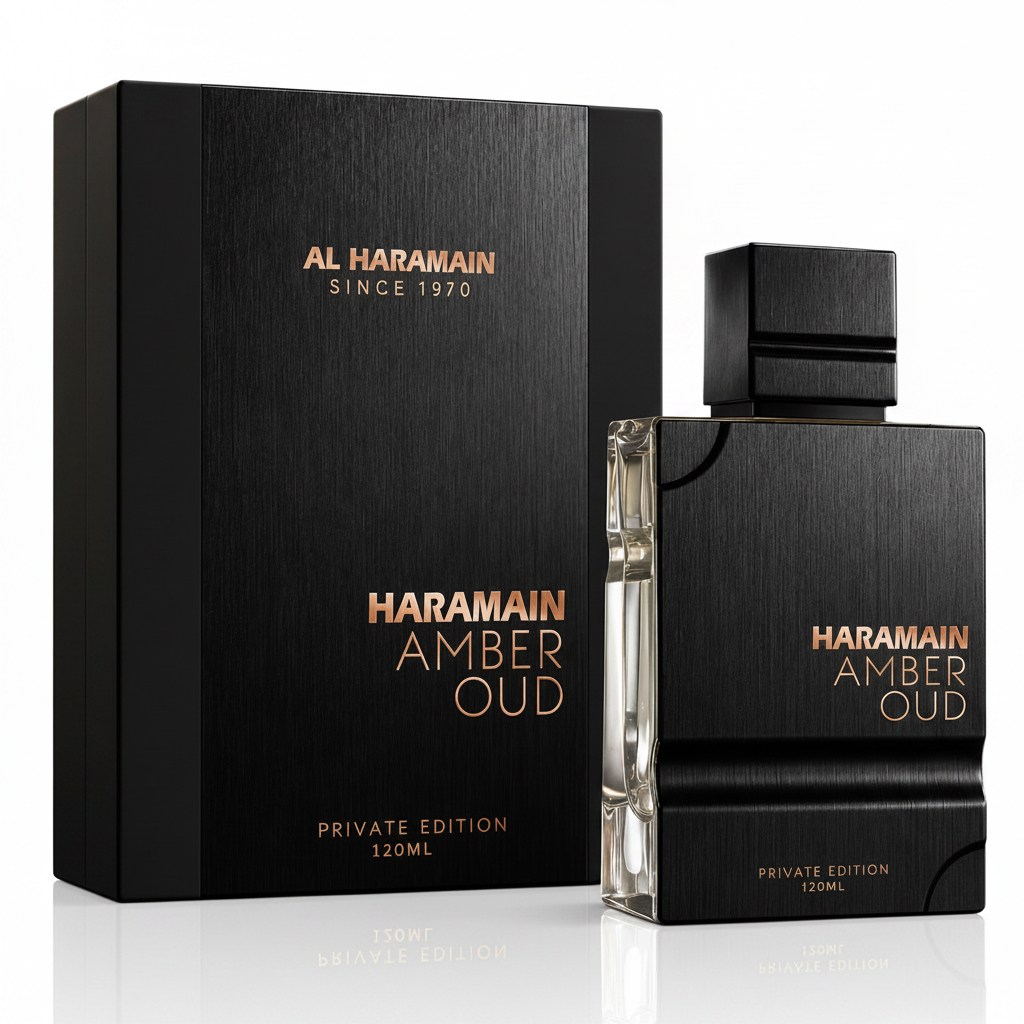 Haramain Amber Oud perfume bottle and packaging on a dark background