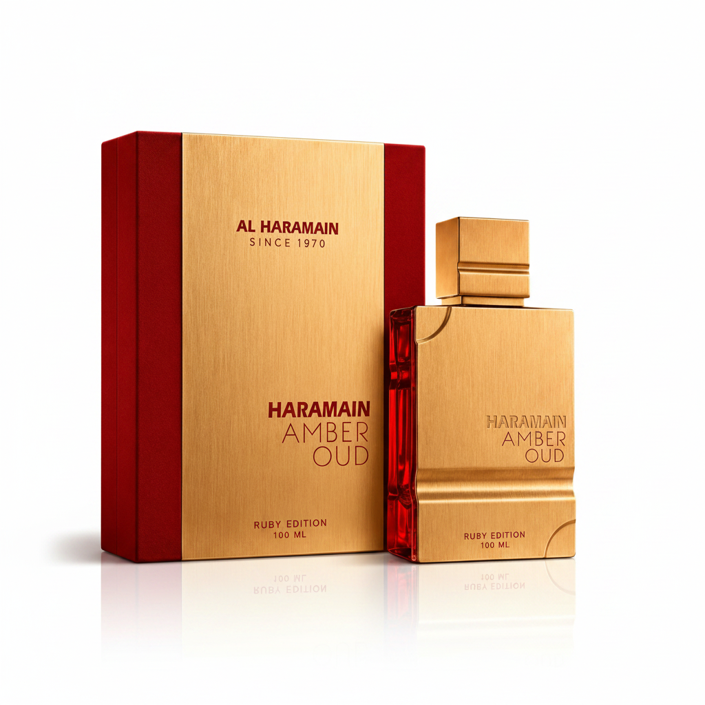 Haramain Amber Oud Ruby Edition perfume bottle and packaging on a reflective surface with a warm background.