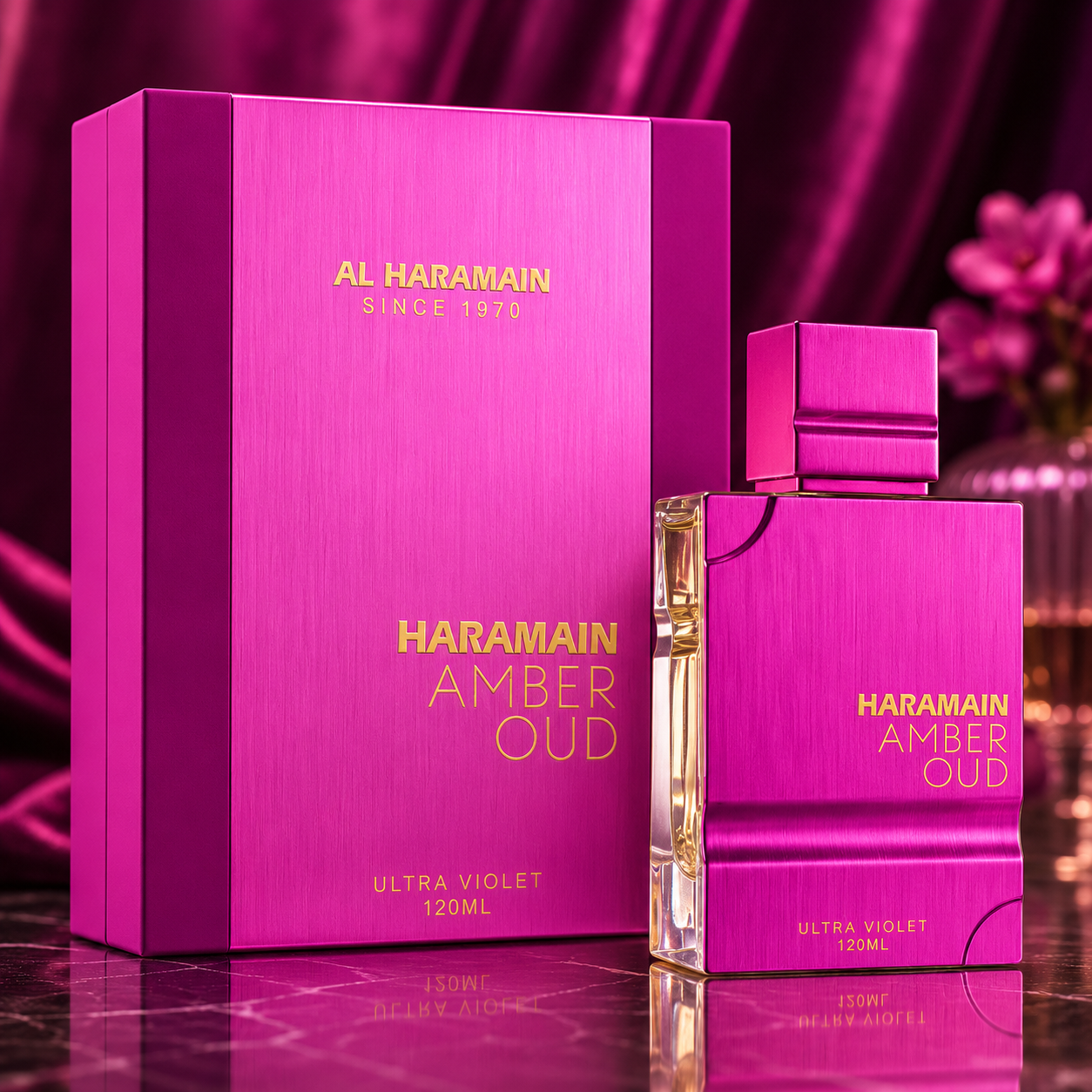 Haramain Amber Oud perfume bottle and packaging on a reflective surface with a purple gradient background.