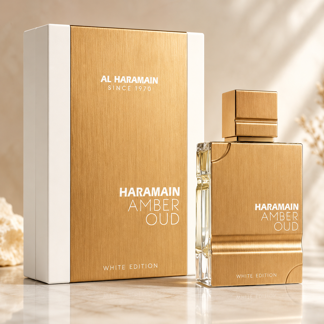 Haramain Amber Oud perfume bottle and packaging on a light background