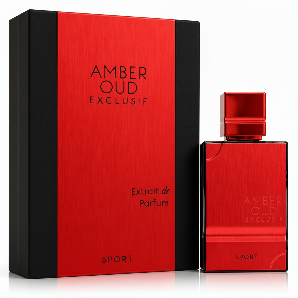 Red and black Amber Oud Exclusif perfume bottle and packaging on a white background