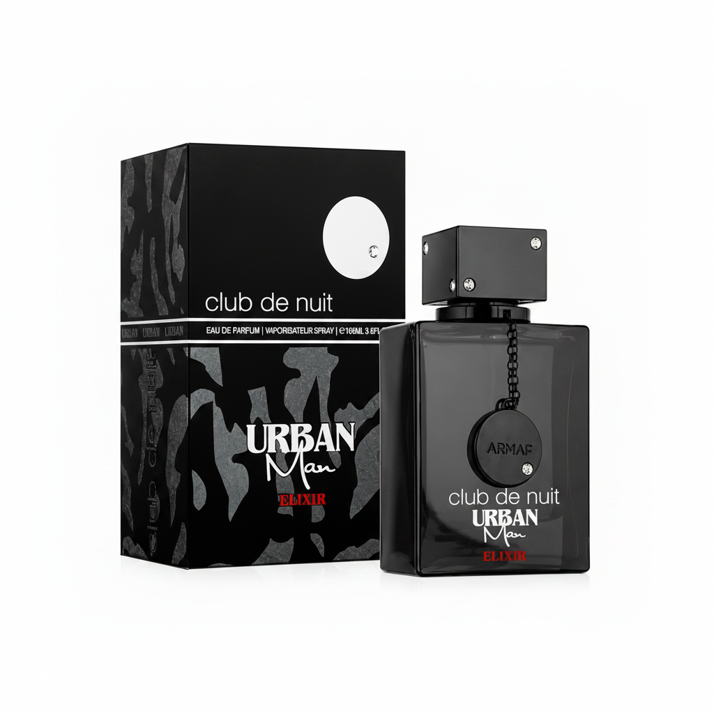 Black Armaf perfume bottle and packaging with 'club de nuit Urban Man Elixir' text on a white background