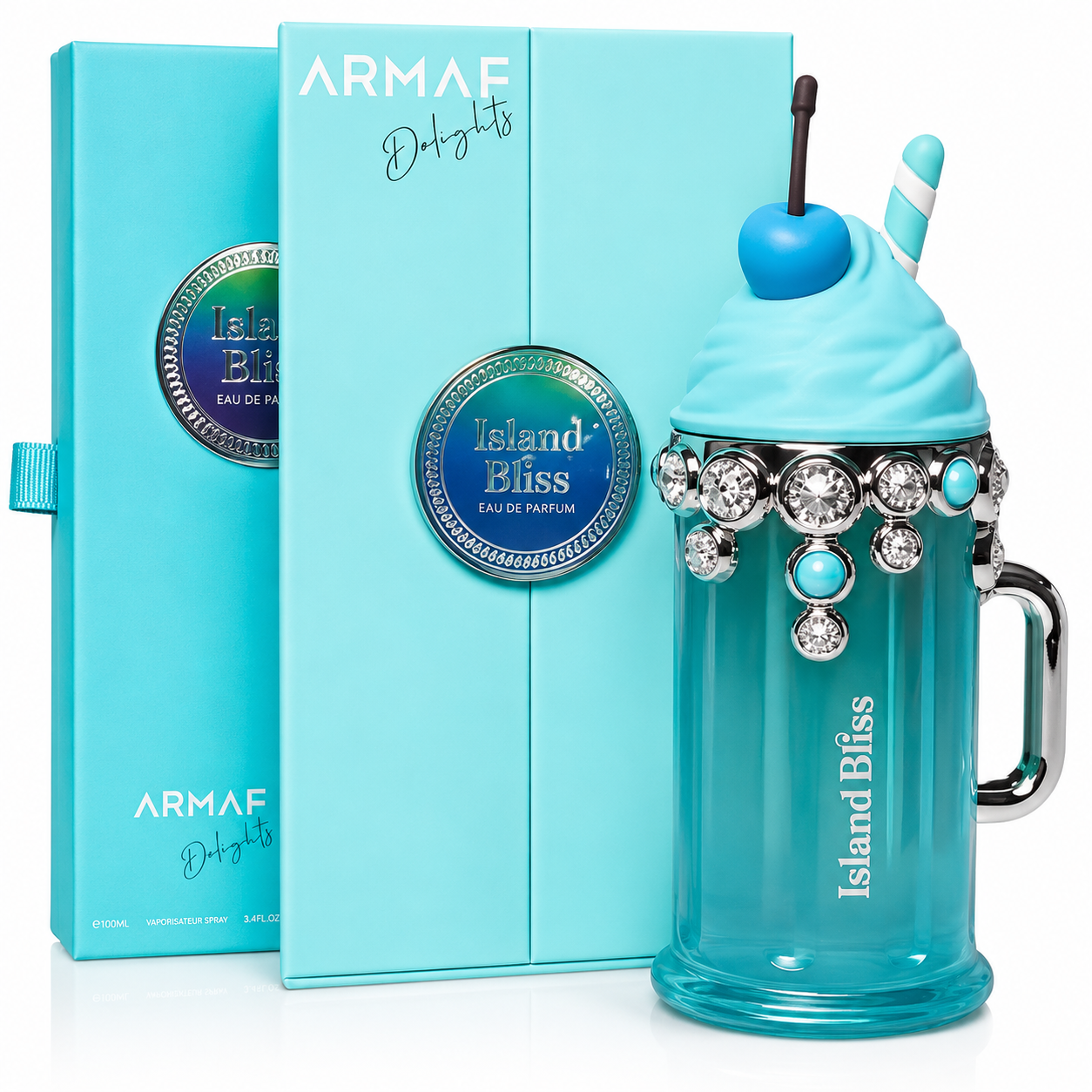 Turquoise perfume bottle with decorative elements and matching box labeled 'Island Bliss' by Armaf.