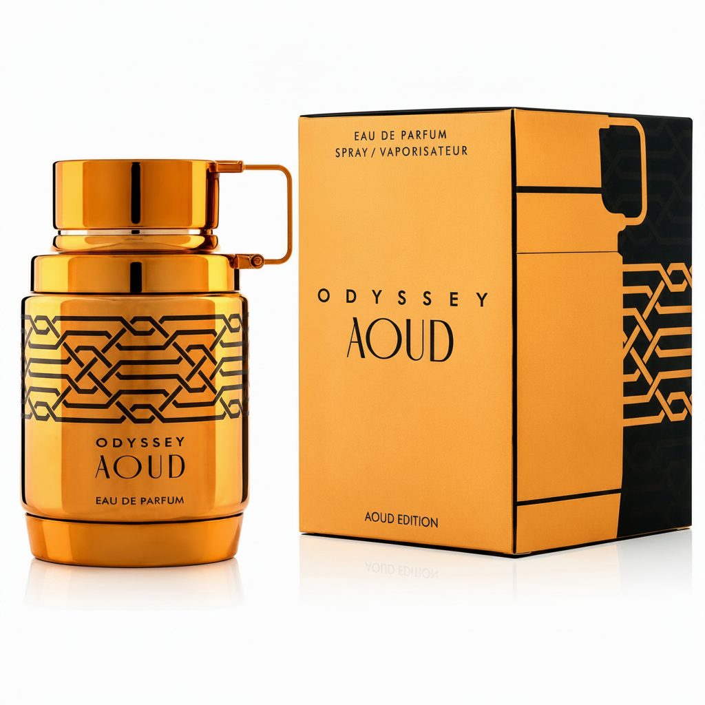 Gold Odyssey Aoud perfume bottle and packaging on a white background