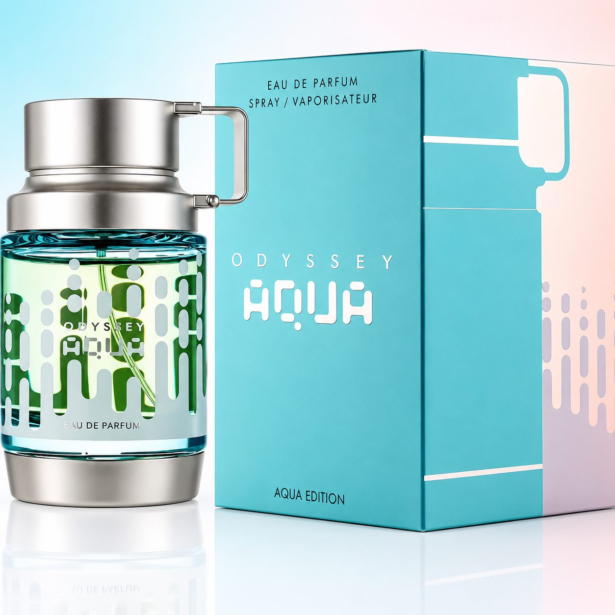 Odyssey Aqua perfume bottle and packaging on a light blue background