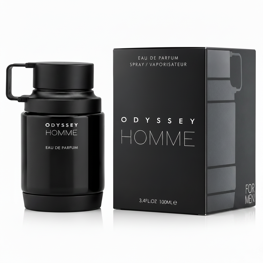 Black Odyssey Homme perfume bottle and packaging on a white background