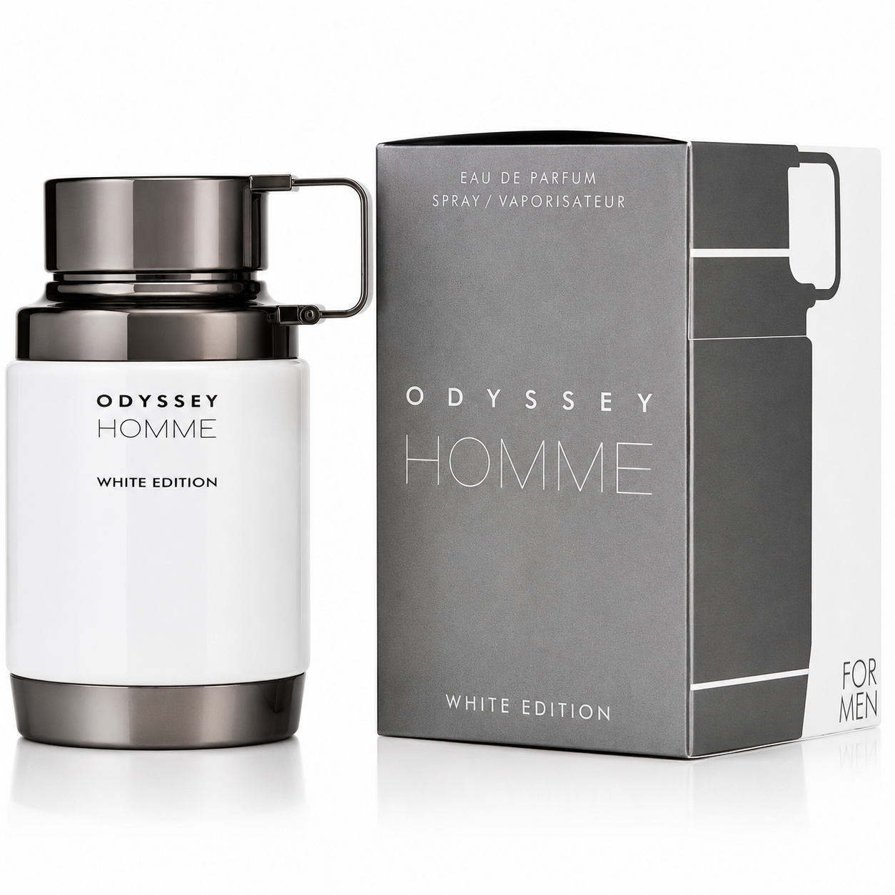 Odyssey Homme White Edition perfume bottle and packaging on a white background
