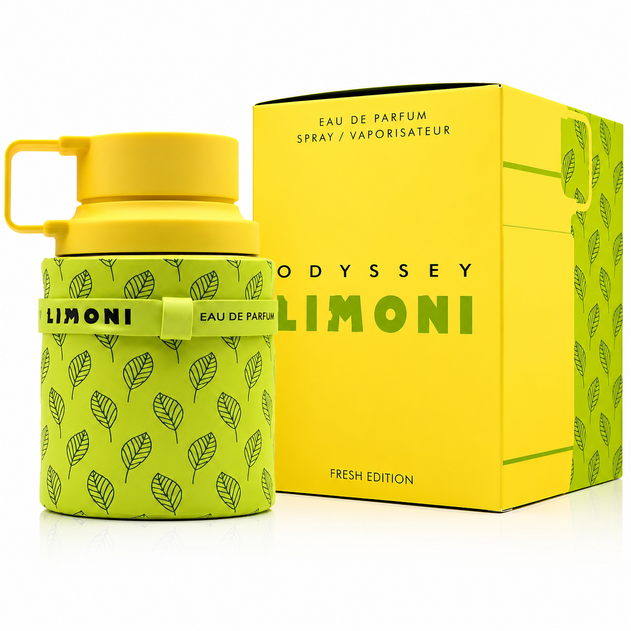 Yellow perfume bottle with leaf pattern and matching box labeled 'Odyssey Limoni' on a white background