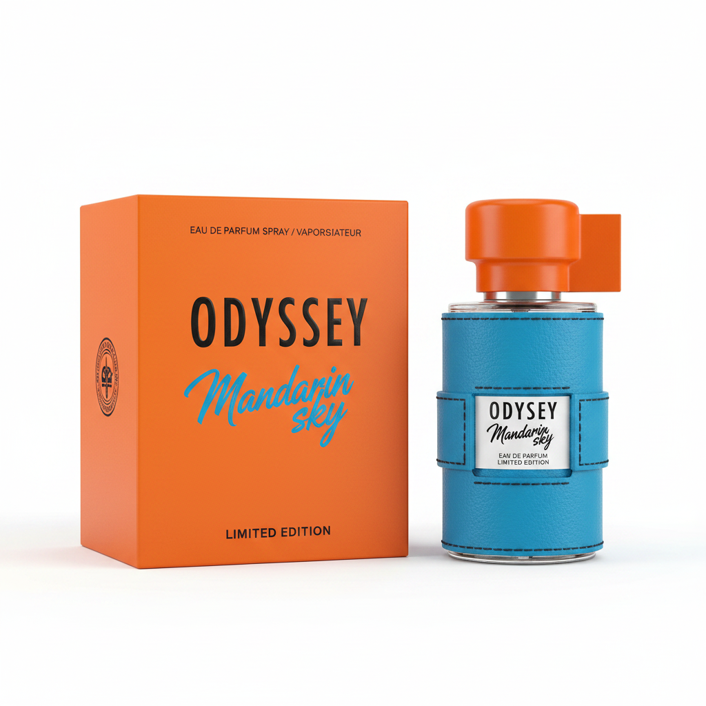 Odyssey Mandarin Sky perfume bottle and packaging on a white background