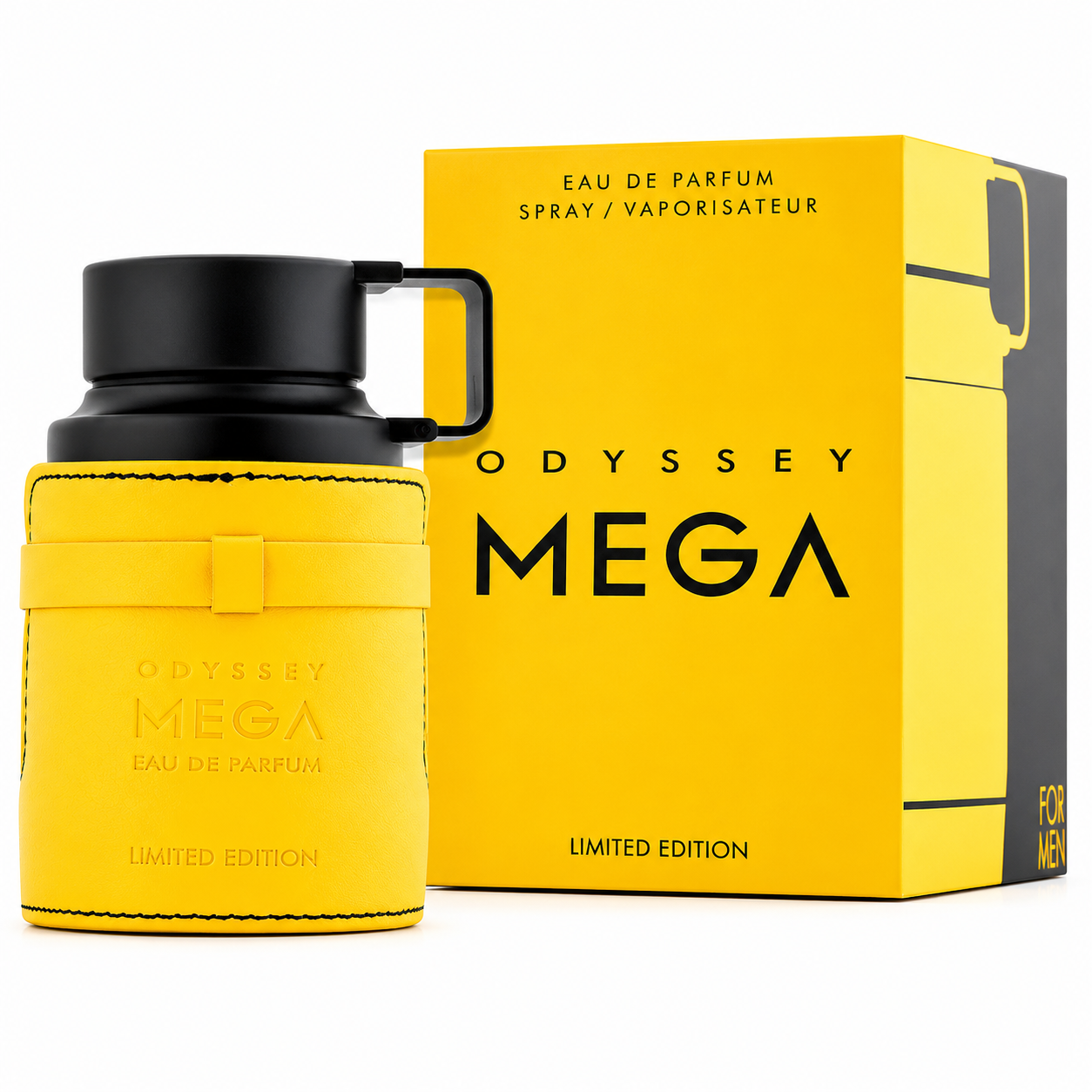 Yellow and black Odyssey Mega perfume bottle and packaging on a white background