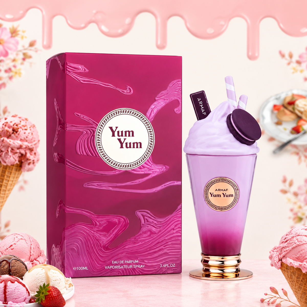 Yum Yum perfume bottle and packaging with ice cream-themed background