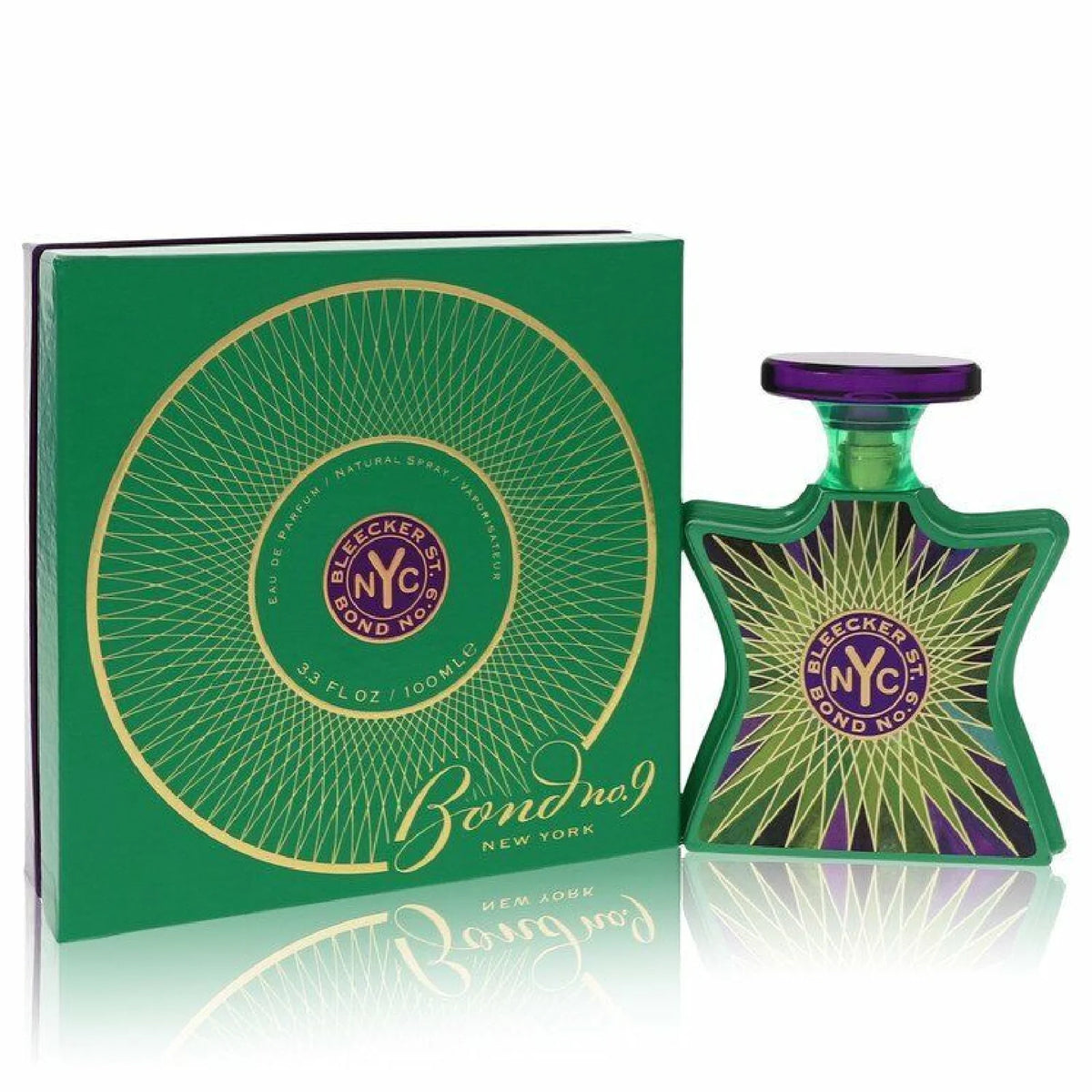 Green perfume bottle and packaging with 'Bond No. 9' branding on a white background