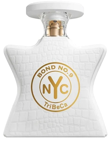 White perfume bottle with gold 'Bond No. 9 NYC TriBeCa' logo on a white background