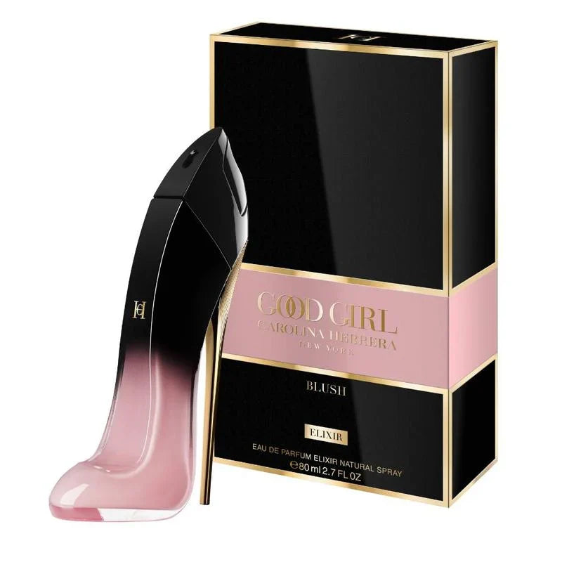 Perfume bottle and packaging of 'Good Girl' by Carolina Herrera on a white background