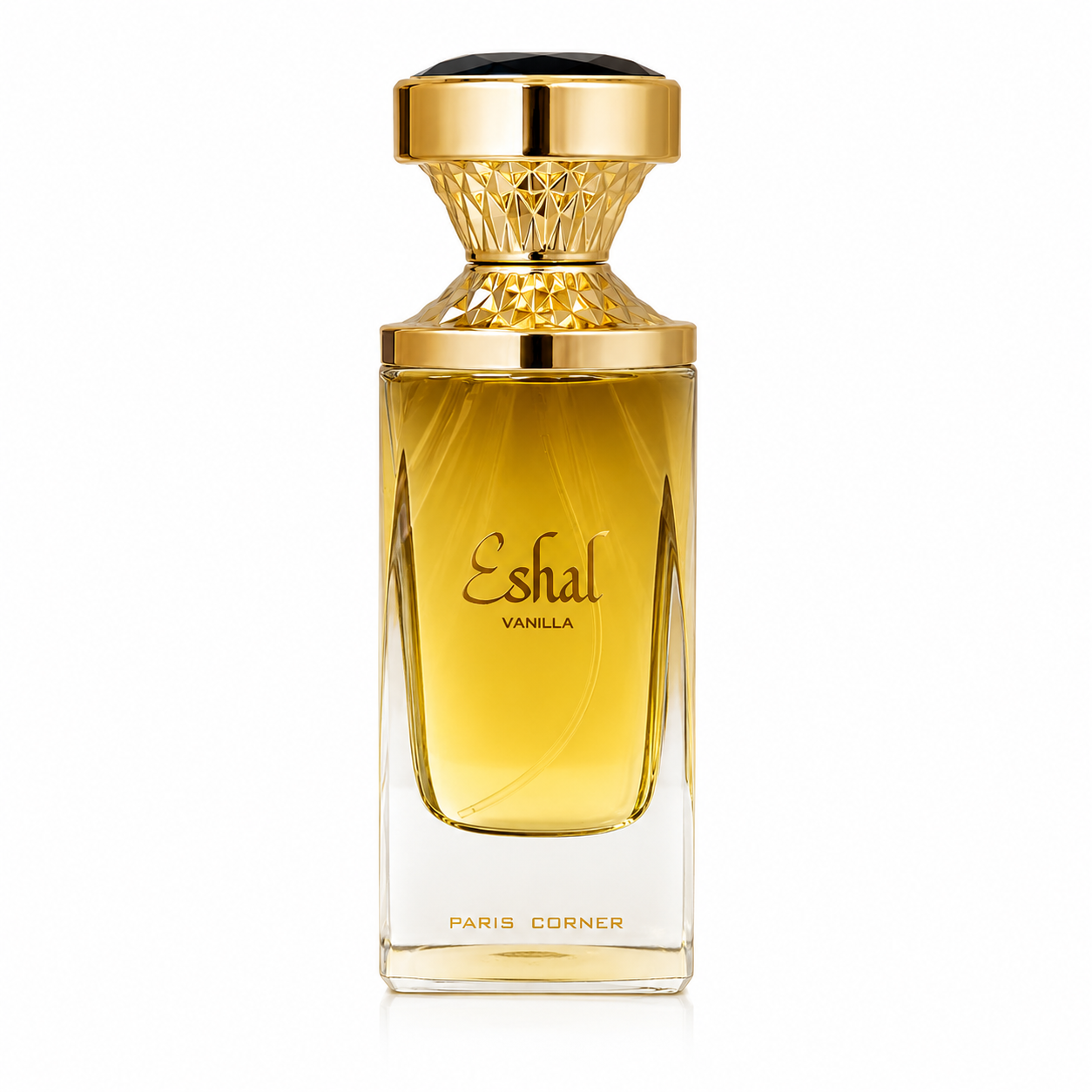 Perfume bottle labeled 'Eshal Vanilla' with a gold cap on a white background