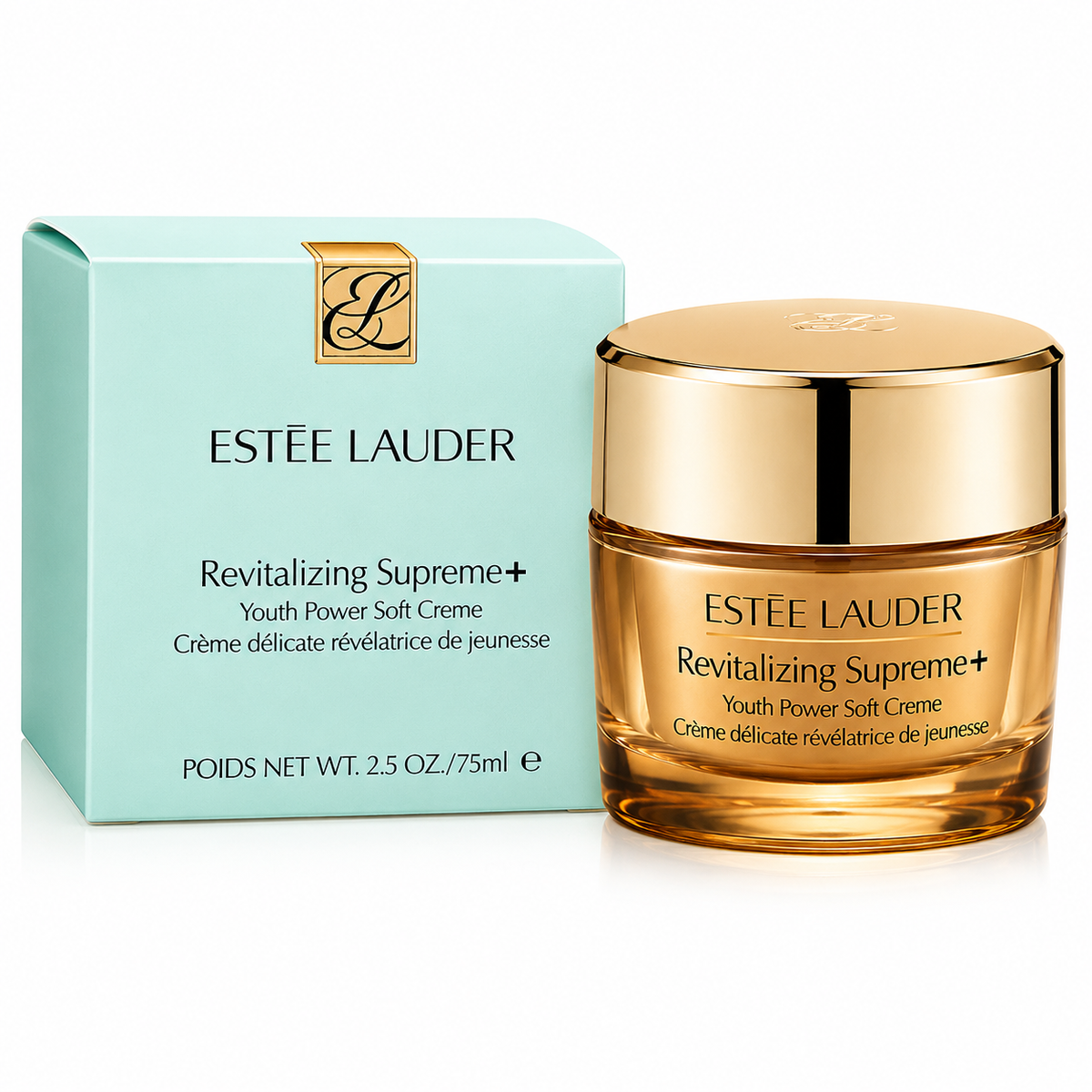Estée Lauder Revitalizing Supreme+ cream jar and packaging on a white background