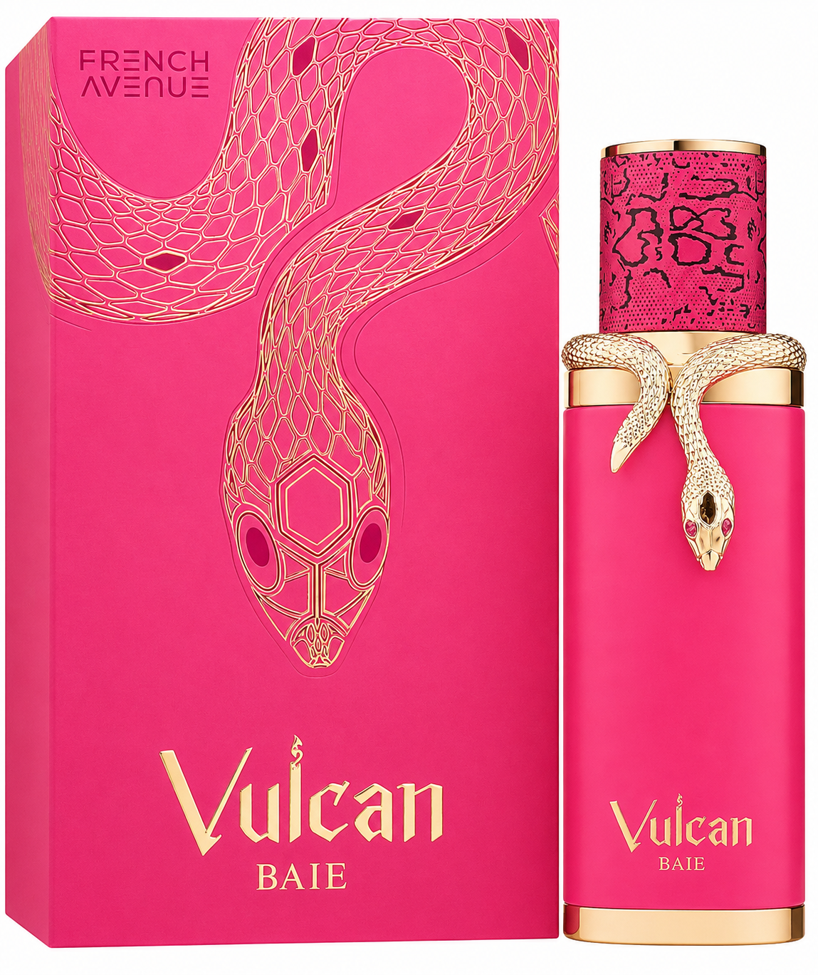 Vulcan Baie perfume bottle and packaging with snake design on a pink background
