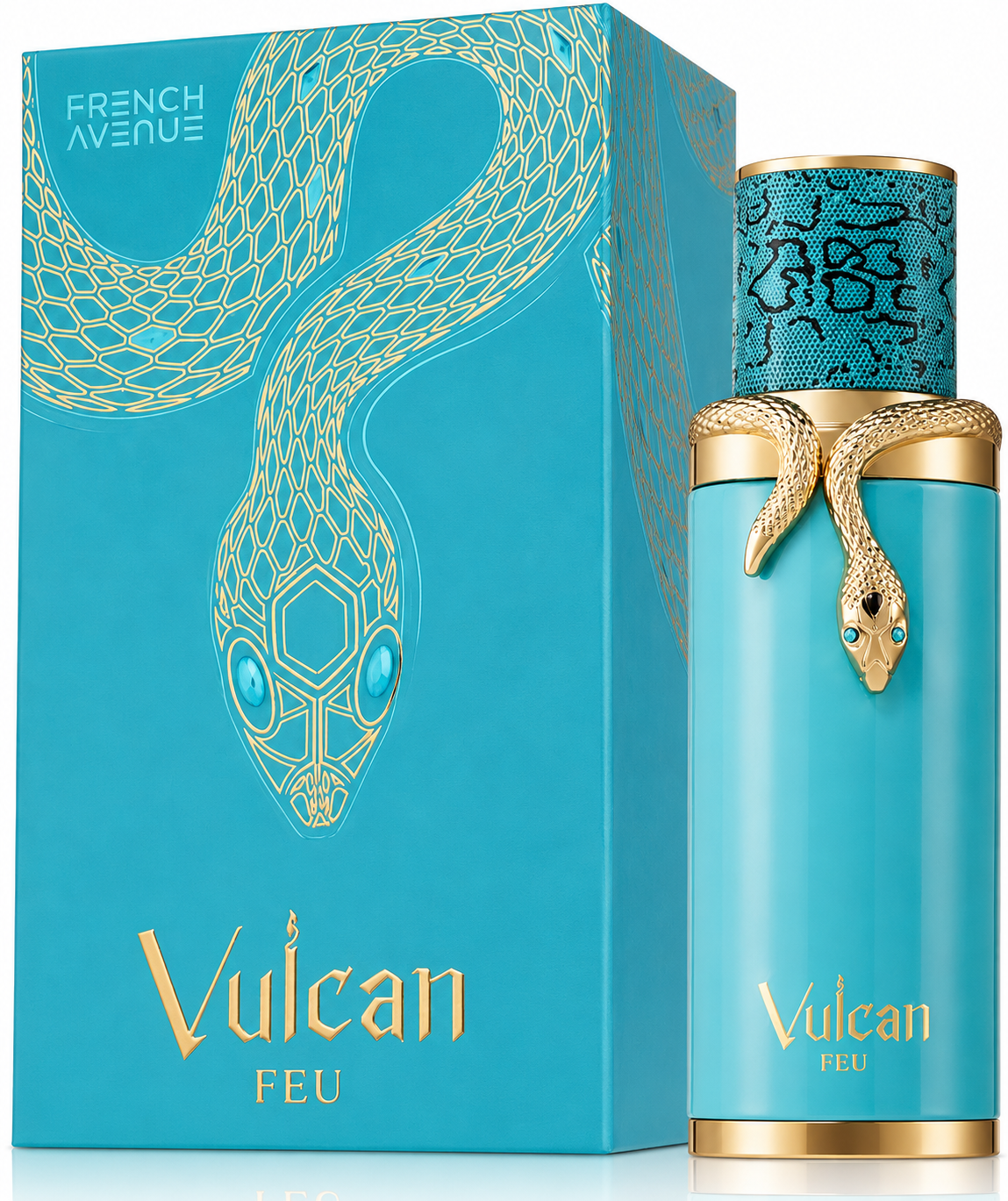 Blue perfume bottle with gold accents and snake design, featuring 'Vulcan' branding.