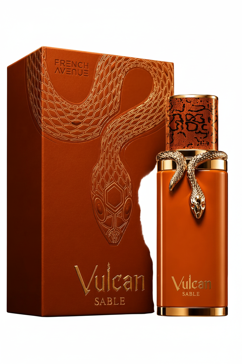 Vulcan Sable perfume bottle and packaging with snake design on a brown background