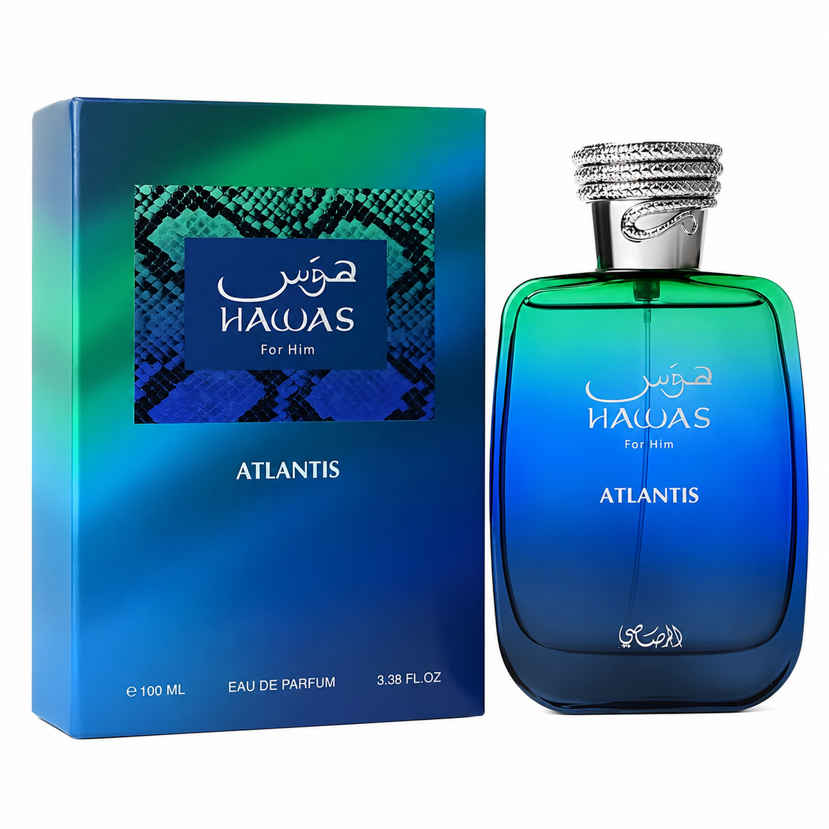 Hawas Atlantis perfume bottle and packaging on a white background