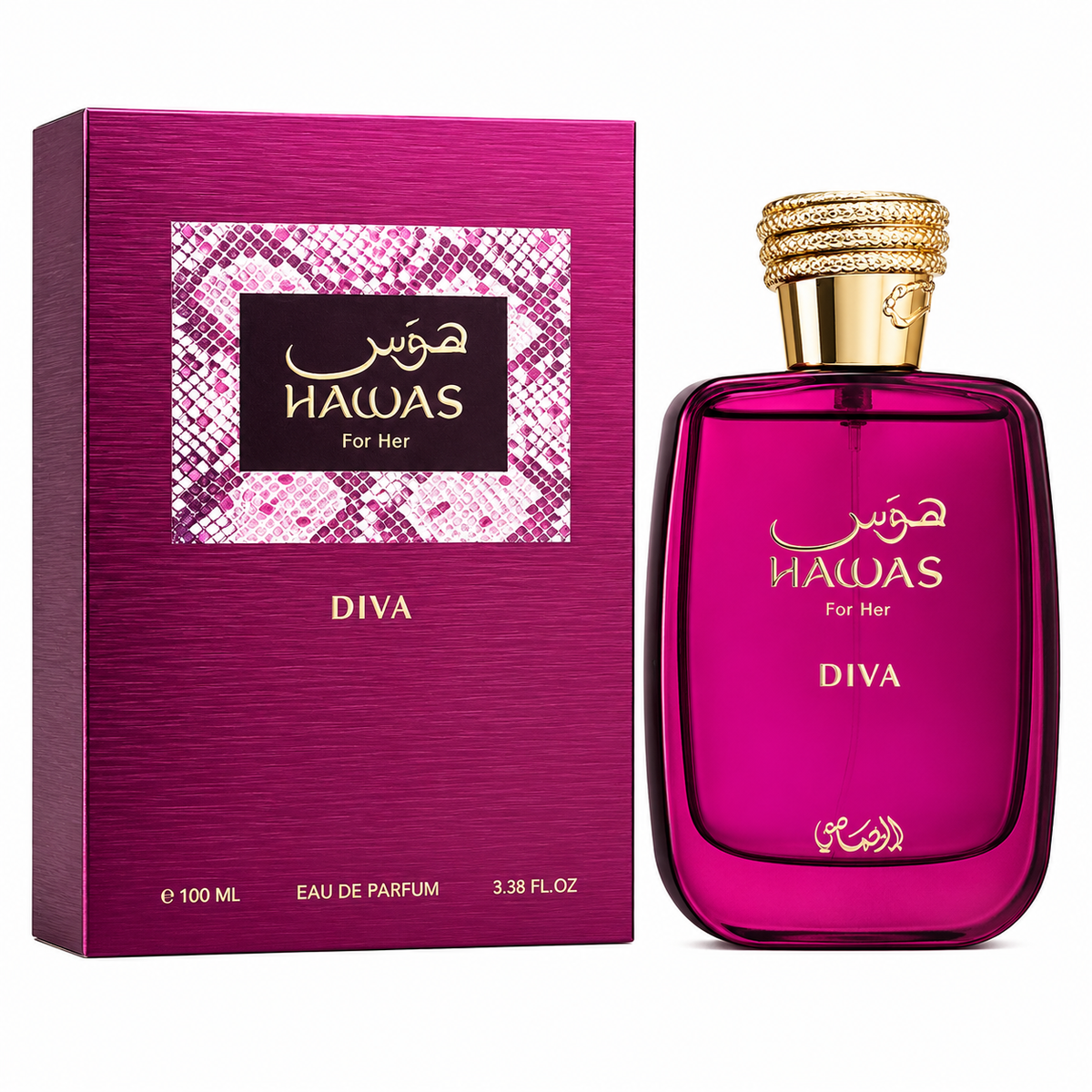 Hawas Diva perfume bottle and packaging on a white background
