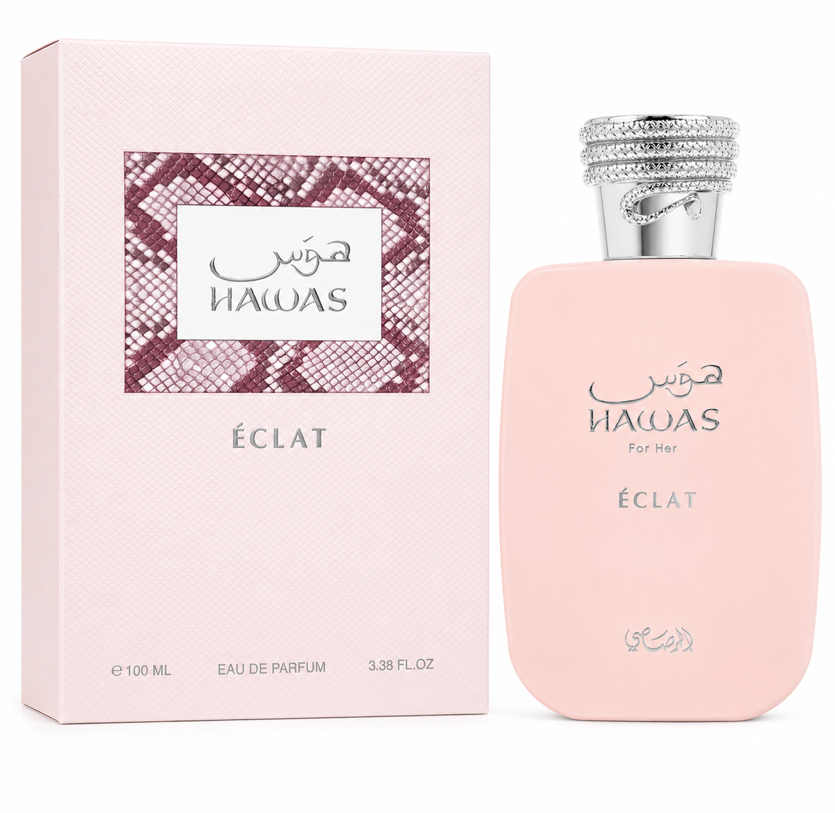 Hawas Eclat perfume bottle and packaging on a white background