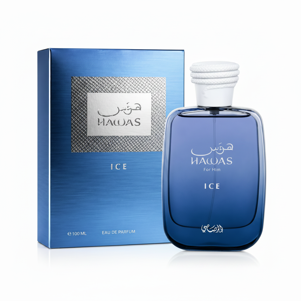 Hawas Ice perfume bottle and packaging on a white background