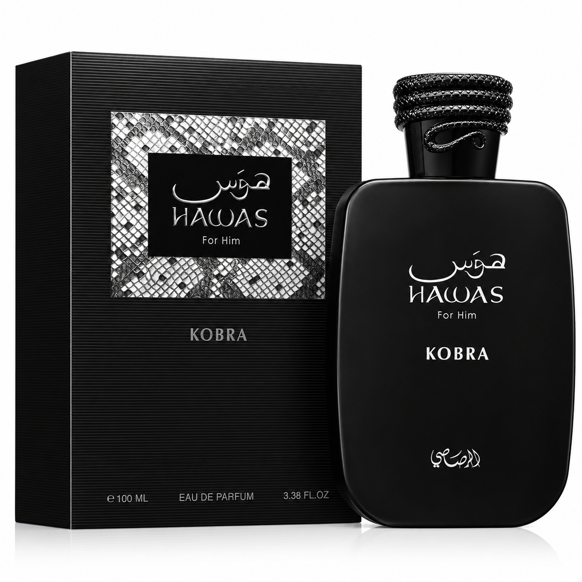 Black perfume bottle and packaging of Hawas Kobra on a white background