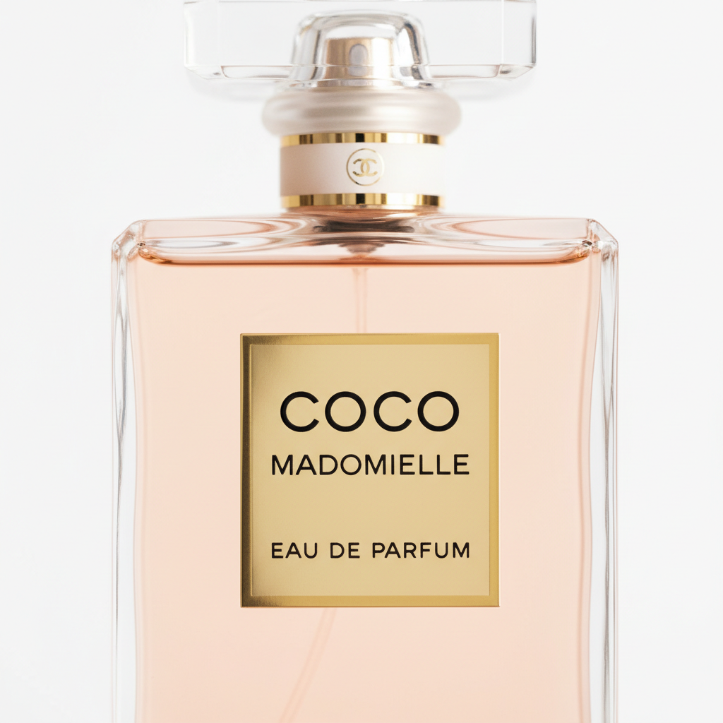 CHANEL Coco Mademoiselle EDP close-up gold logo and glass bottle detail