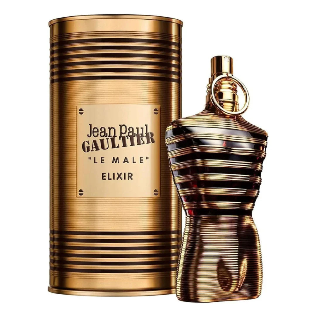 Gold perfume bottle and packaging of Jean Paul Gaultier Le Male Elixir on a white background
