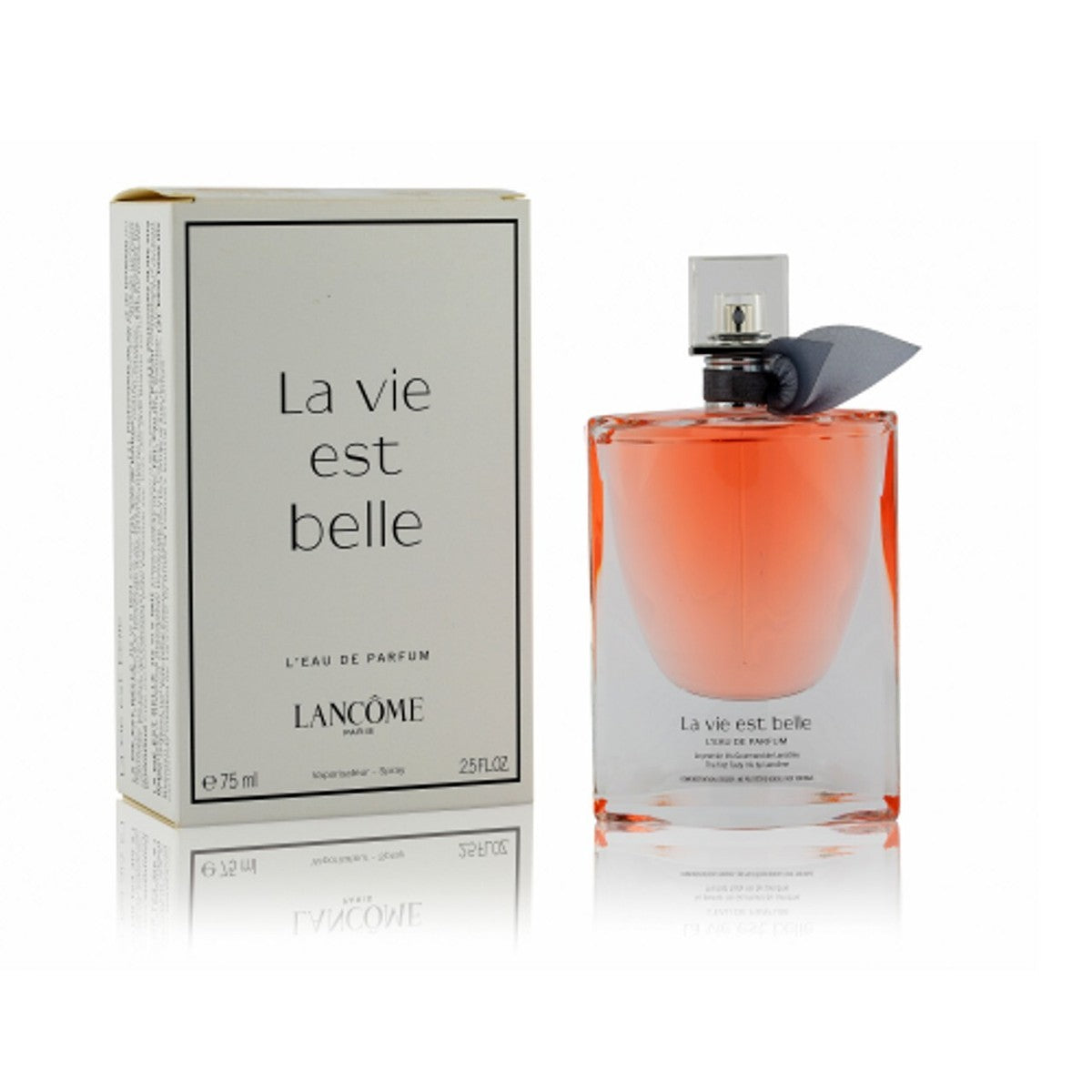 Lancome 'La vie est belle' perfume bottle and packaging on a white background