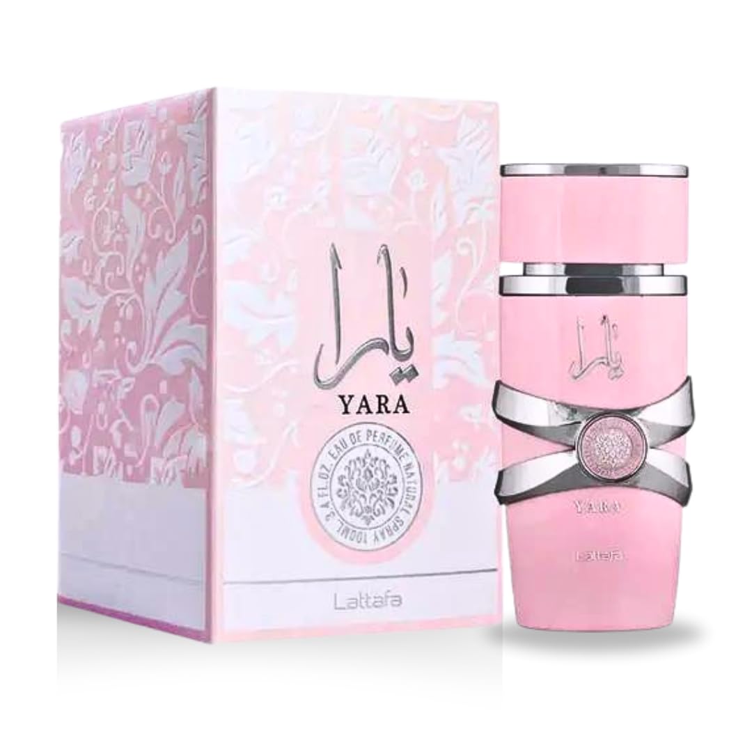 Pink perfume bottle and packaging with 'Yara' branding on a white background