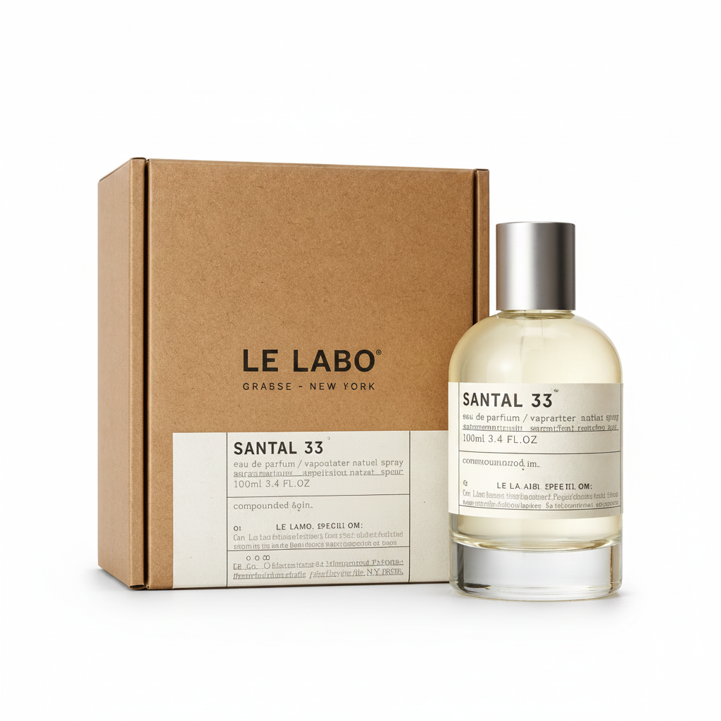 Le Labo Santal 33 eau de parfum bottle and packaging on a white background